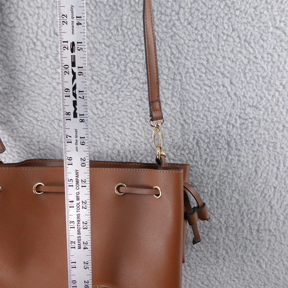 Guess Brown Faux‎ Leather Bucket Bag Convertible Strap Gold Chain Accents
